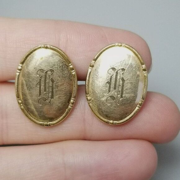 Vintage H Monogram Yellow Gold Filled Oval Cufflinks, Correct Dolan & Bullock - Picture 1 of 8